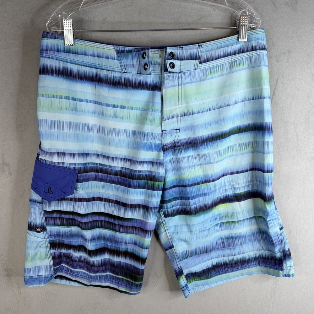 prAna Board Shorts Mens 33 Blue Striped Swim Trunks UPF 50+